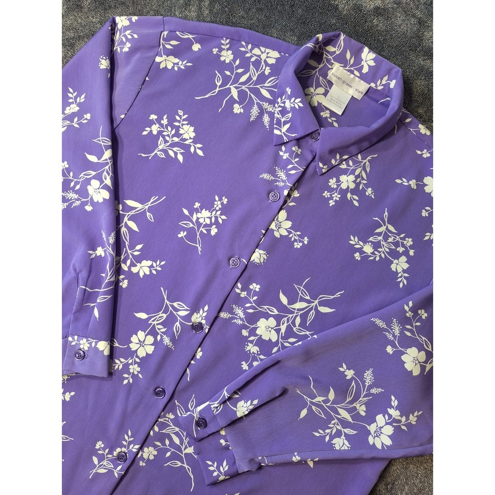 Vtg Susan‎ Graver Button Up Blouse Womens  XL Frosted Purple Floral  Whimsical